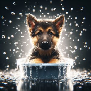 cute german shepherd having a bath
