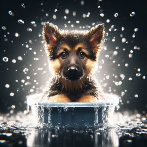 cute german shepherd having a bath