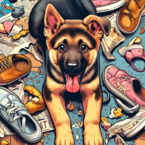 cute german shepherd puppy surrounded by chewed up shoes and papers