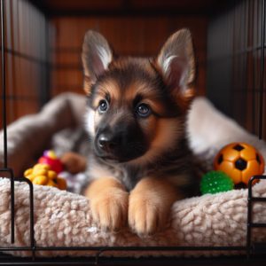 german shepherd puppy in crate