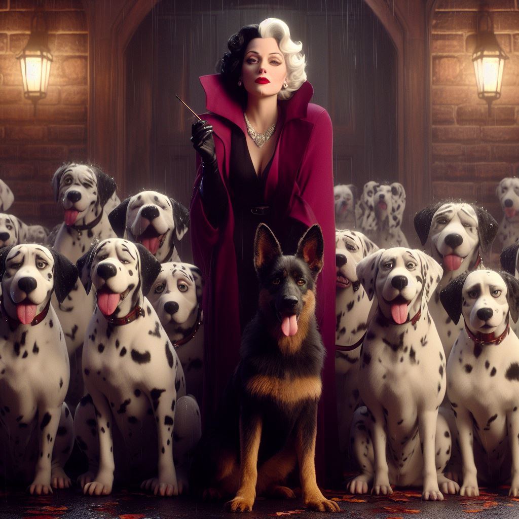 Cruella de Vil, her iconic Dalmatians, and a German Shepherd