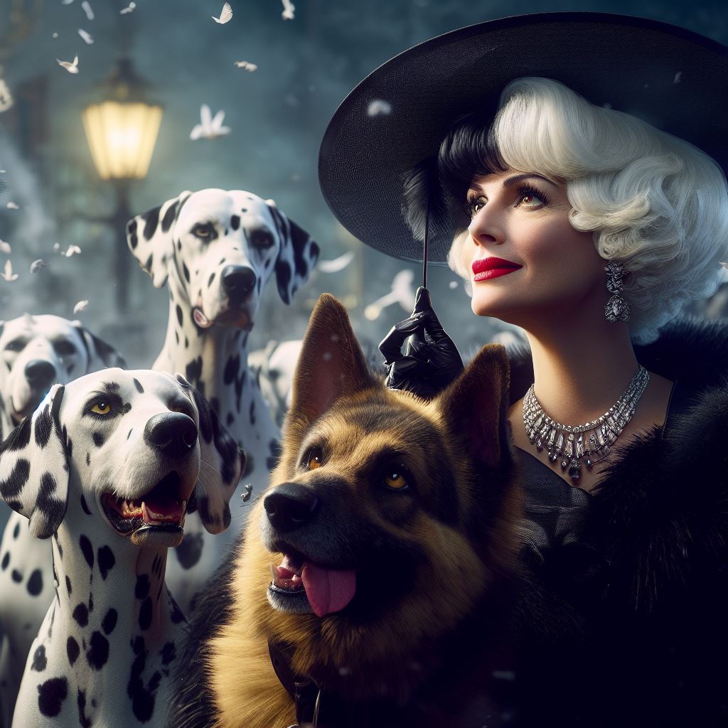 Cruella de Vil, her iconic Dalmatians, and a German Shepherd