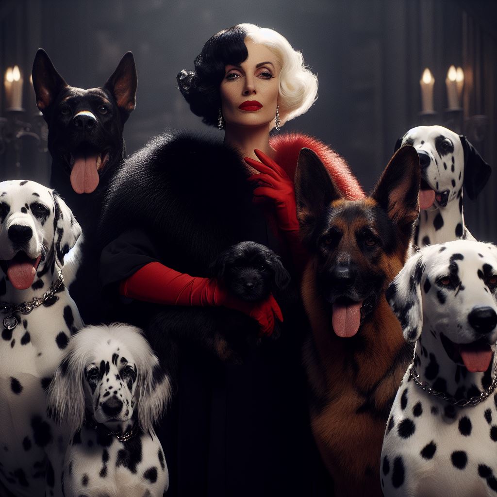 Cruella de Vil, her iconic Dalmatians, and a German Shepherd