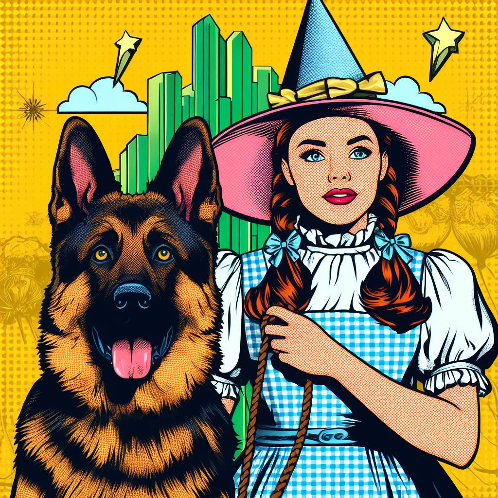 Alice in wonderland with her German Shepherd