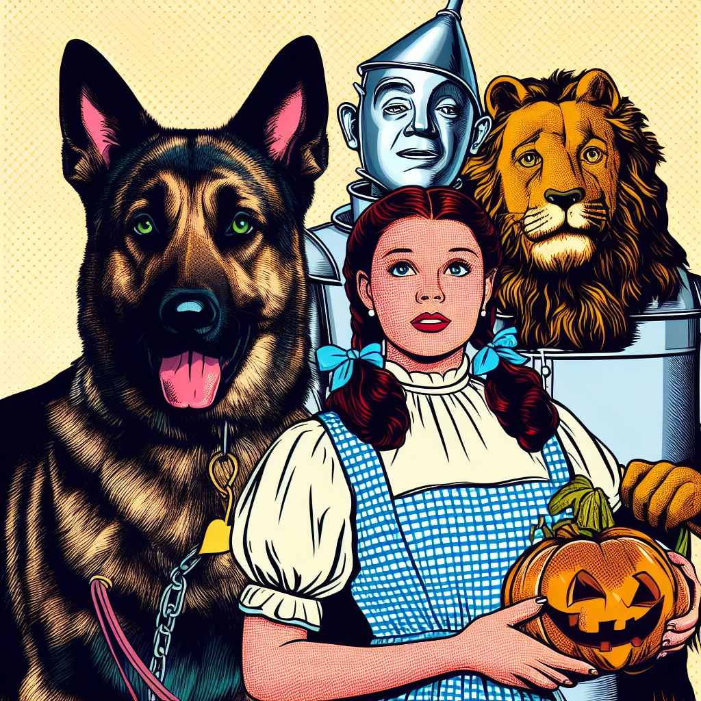 Alice in wonderland with her German Shepherd