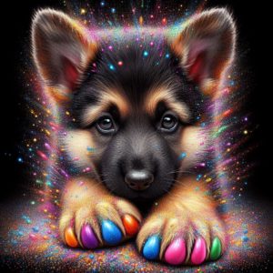 German shepherd puppy with brightly toenail polish