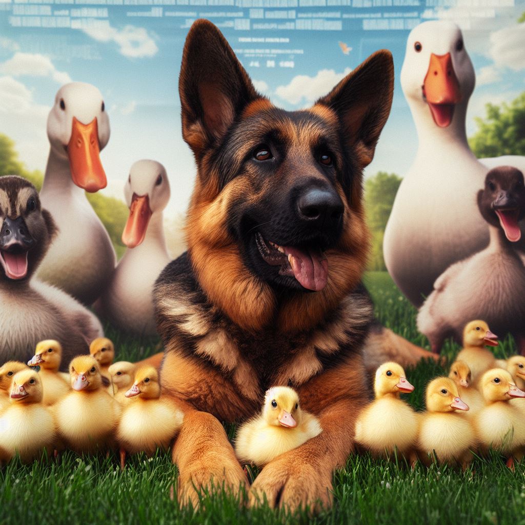 German Shepherd with baby ducks