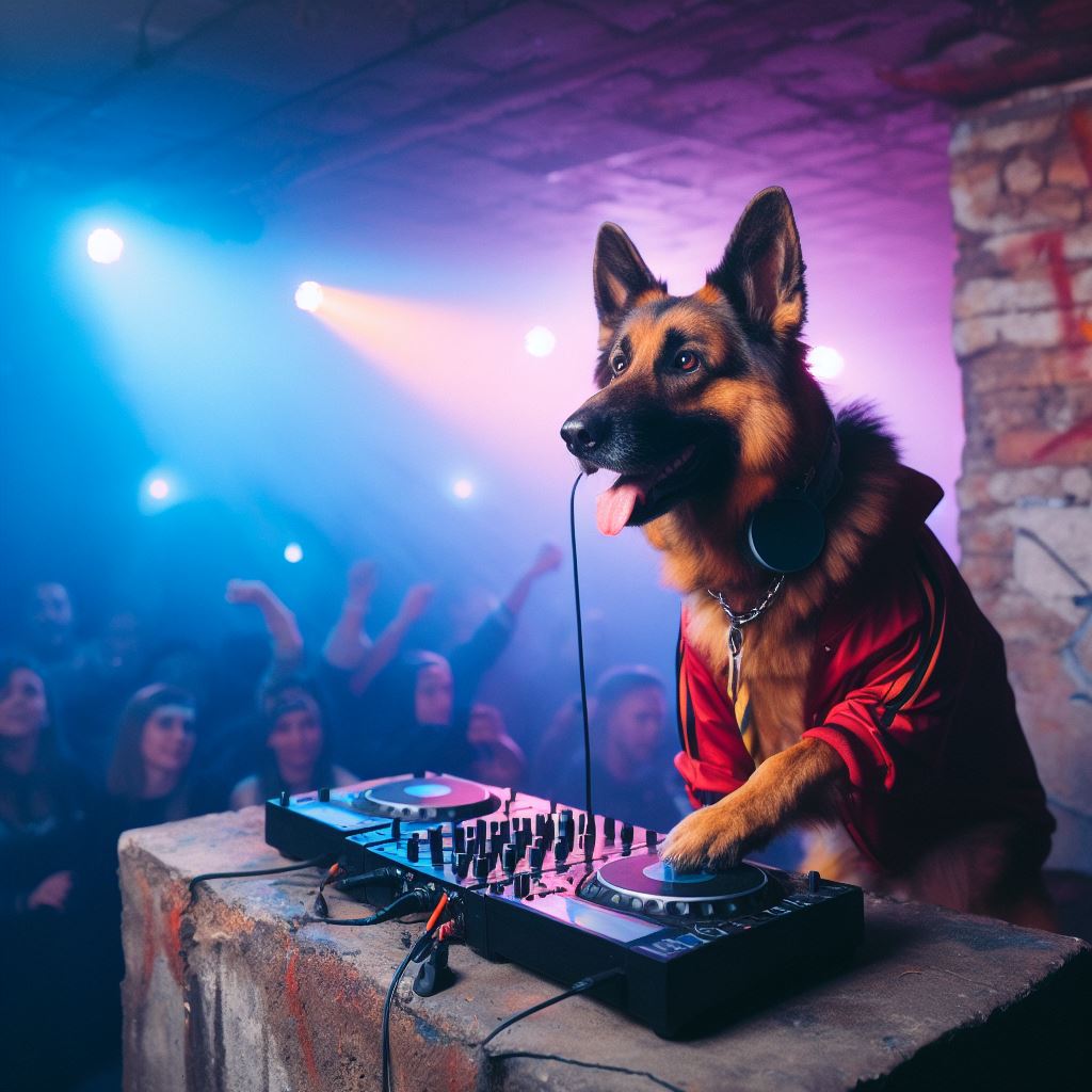German Shepherd DJ at an underground Rave Party