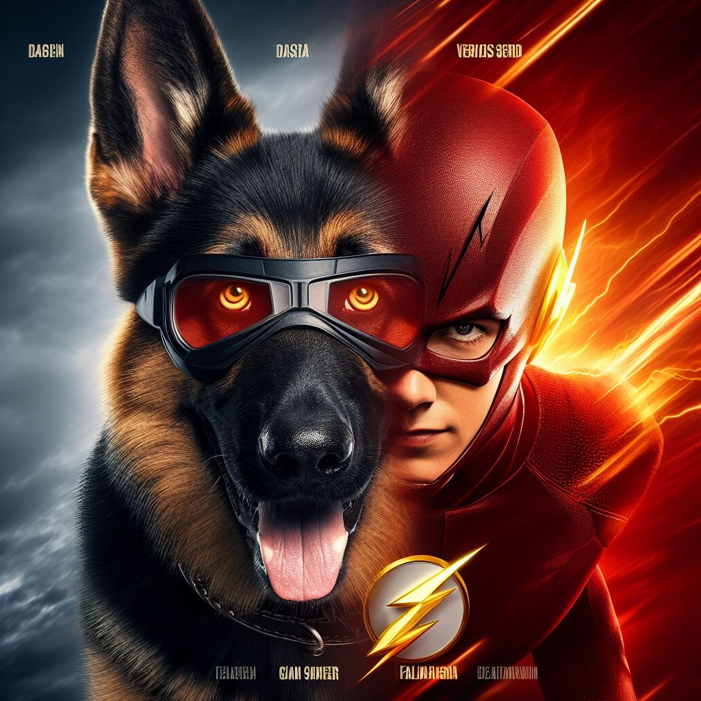 German Shepherd as super hero The Flash