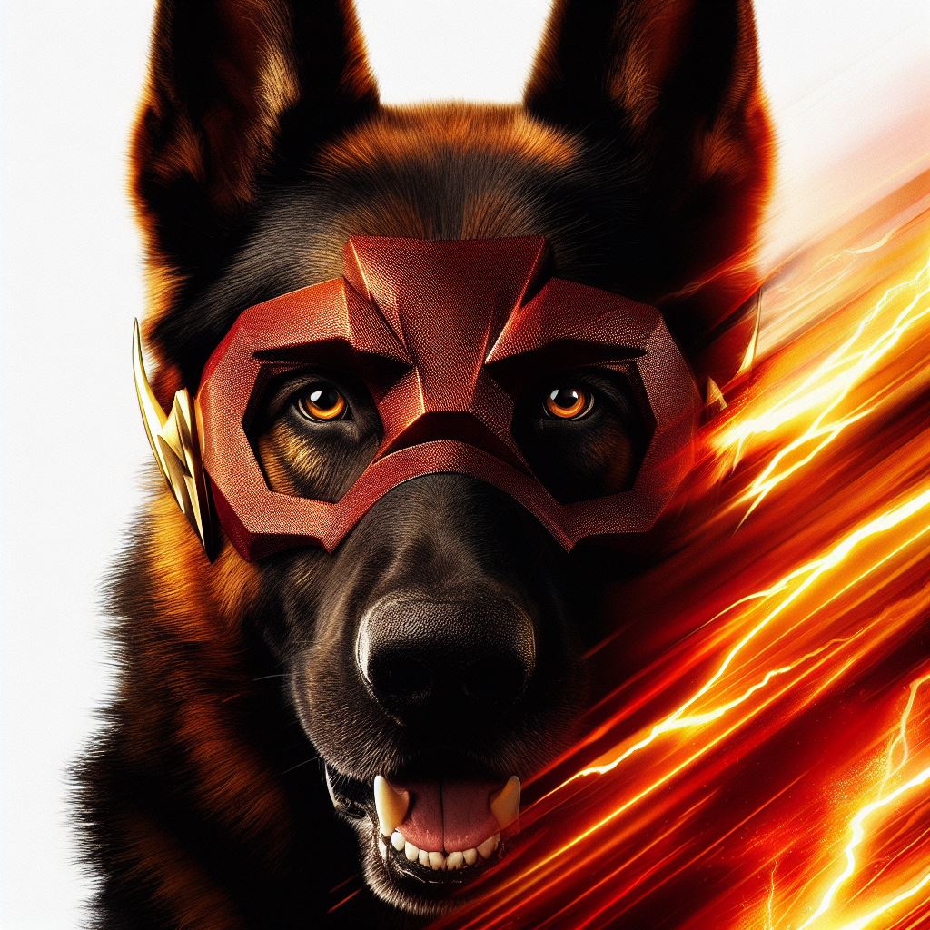 German Shepherd as super hero The Flash