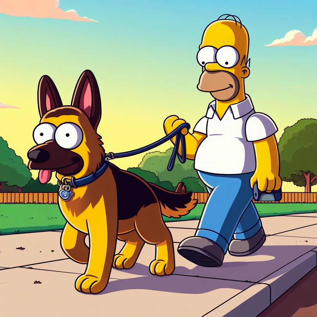Homer simpson taking his german shepherd for a walk
