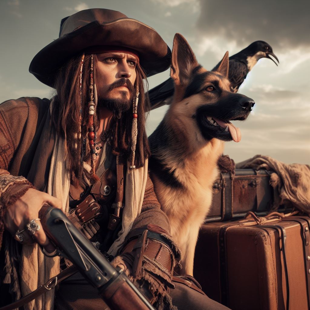 Jack Sparrow and his pirate Geman Shepherd Dog