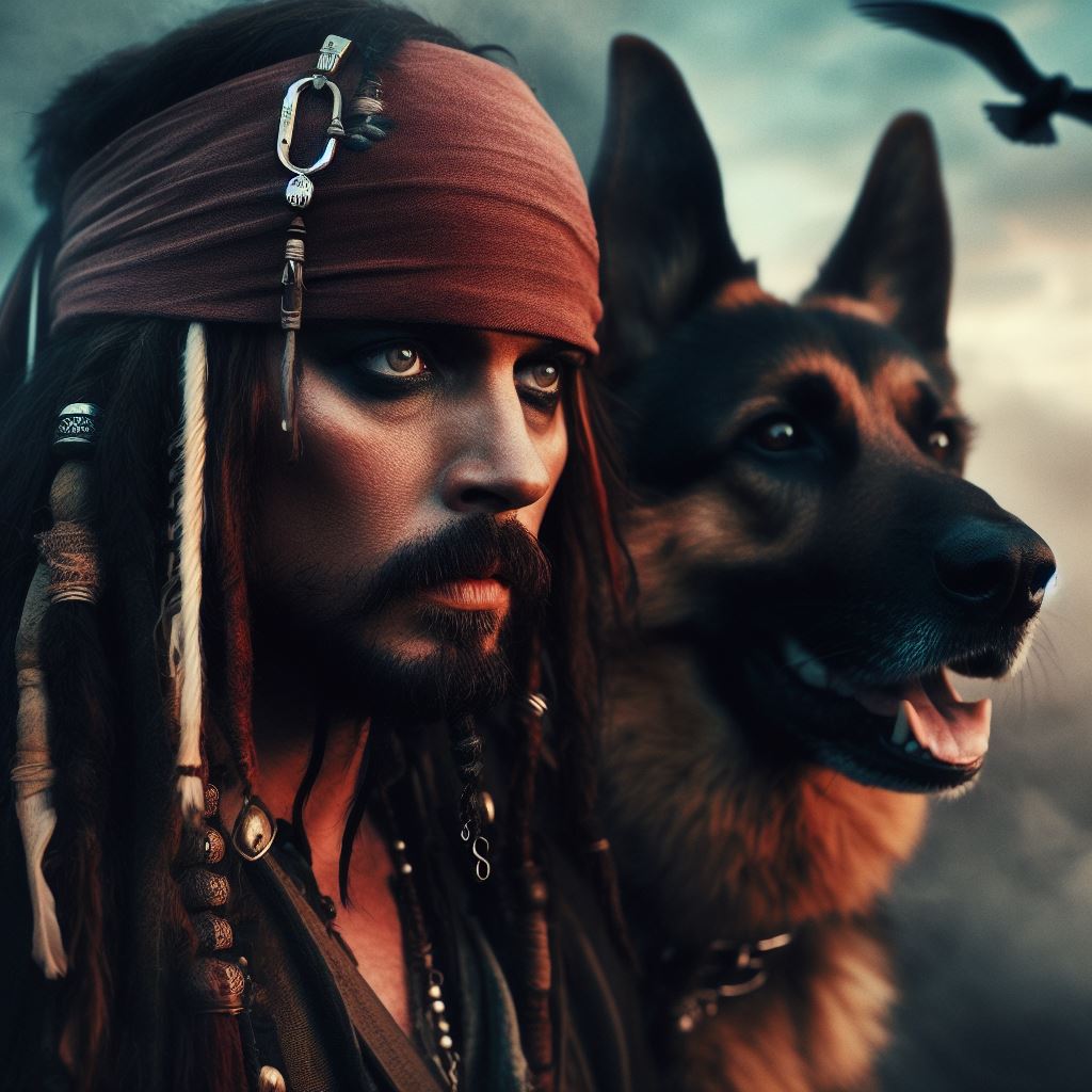 Jack Sparrow and his pirate Geman Shepherd Dog
