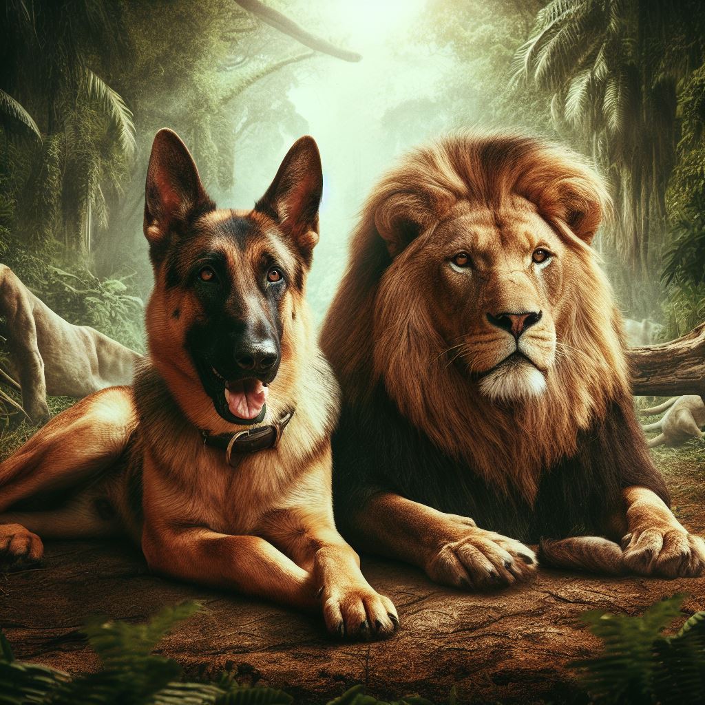 German Shepherd with lion