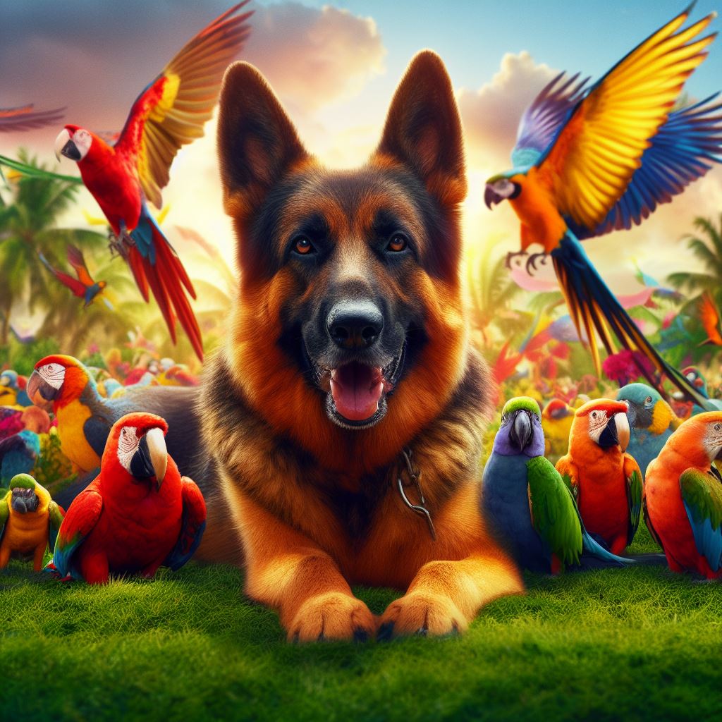 German Shepherd with Parrots